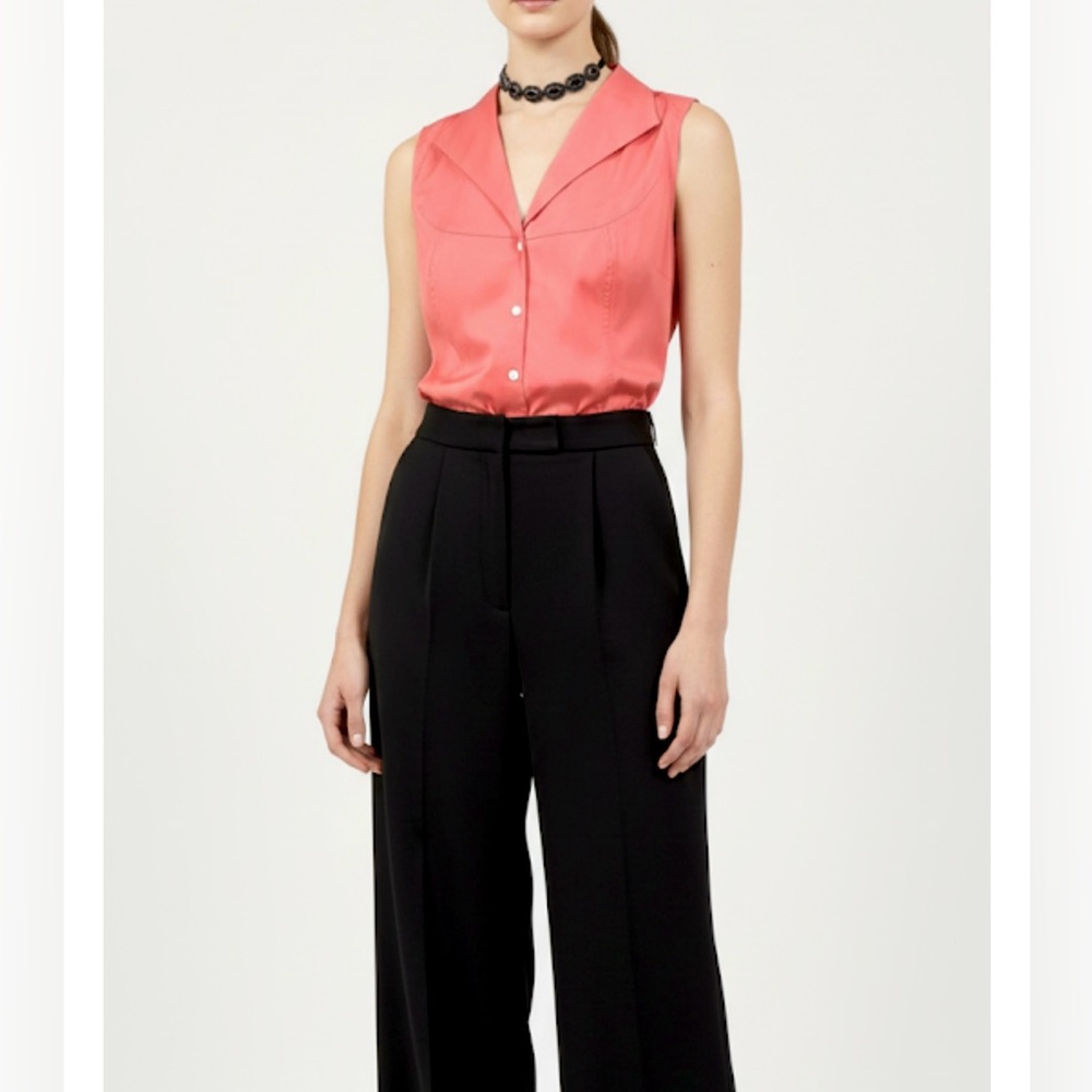 NEW LAFAYETTE 148 NY 8 MEDIUM SLEEVELESS COTTON STRETCH SHIRT CORAL STITCH YOKE